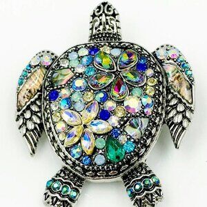 MULTICOLORED SEA TURTLE BROOCH RHINESTONE SILVERTONE SILVER TONE